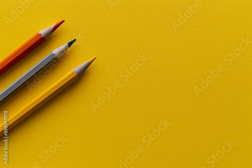 Photo of pencil on yellow background, flat lay with copy space. Web banner showing pencils on the side of the frame photo