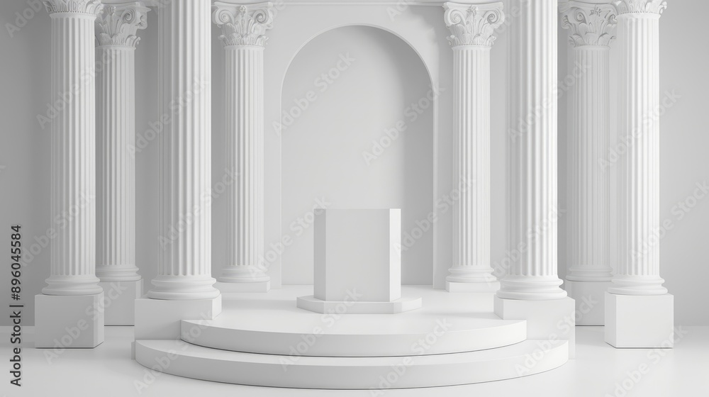 White 3D podium with Roman and Greek pillars, creating a classical product display in a minimal stage setting