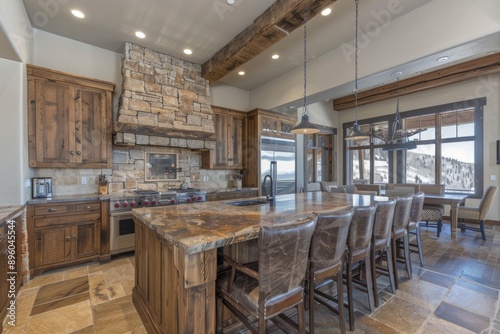 Rustic Kitchen Island with Granite Countertop and Leather Bar Stools.