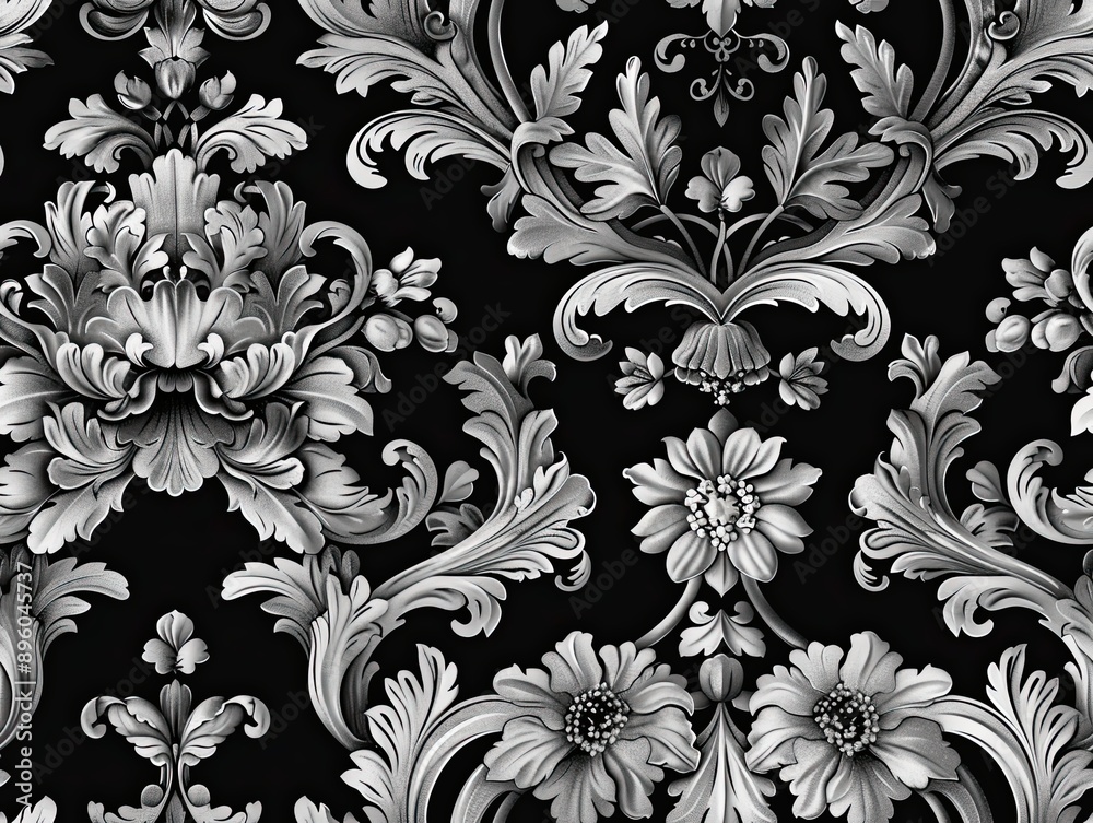 Beautiful black and white baroque pattern with ornate floral details Beautiful black and white baroque pattern with ornate floral details