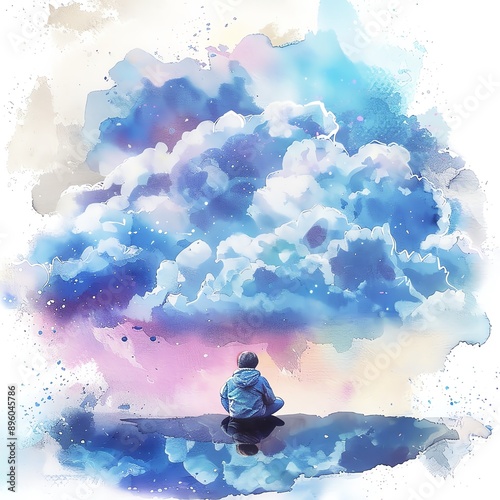 A serene figure gazes at colorful clouds, embodying tranquility and contemplation in a whimsical, artistic landscape.