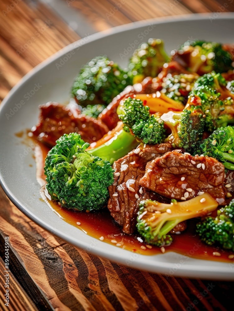 Succulent Chinese Beef and Broccoli Dish on Wooden Table - Exquisite Food Photography Detail Succulent Chinese Beef and Broccoli Dish on Wooden Table - Exquisite Food Photography Detail