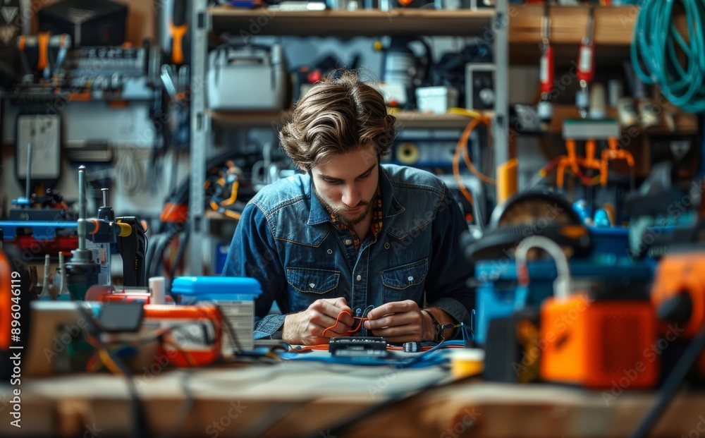 Technician focused on repairing electrical components in a busy workshop with tools and equipment Technician focused on repairing electrical components in a busy workshop with tools and equipment