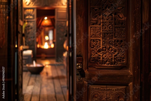 Enchanting Thai Carved Wooden Door Leading to Dimly Lit Relaxation Room with Incense and Water Sounds