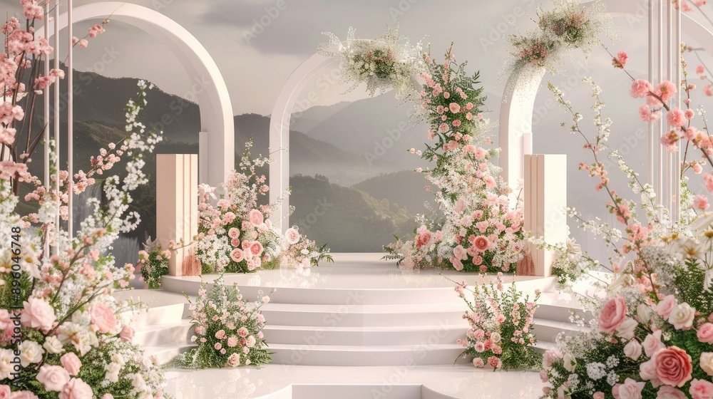 A charming 3D wedding podium with intricate designs and floral decorations, set against a serene and picturesque background A charming 3D wedding podium with intricate designs and floral decorations, set against a serene and picturesque background