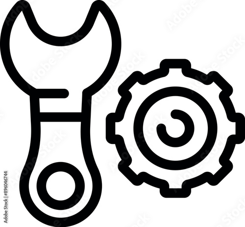Line art icon of a wrench and gear wheel representing the concept of technical support