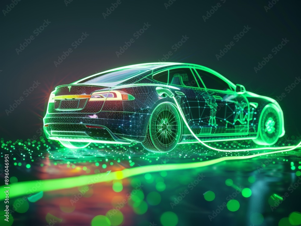 Neon lit 3d wireframe electric car charging with detailed holographic vehicle on dark background
