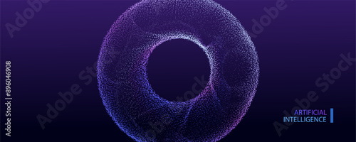 Big data neon background. Technology ai round particles dots banner. Artificial Intelligence futuristic circle connect innovation design.