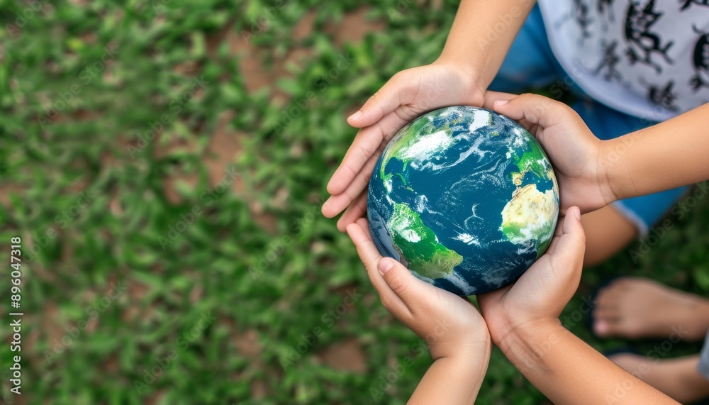 Multiracial children playing with earth on green nature background earth day concept Multiracial children playing with earth on green nature background earth day concept