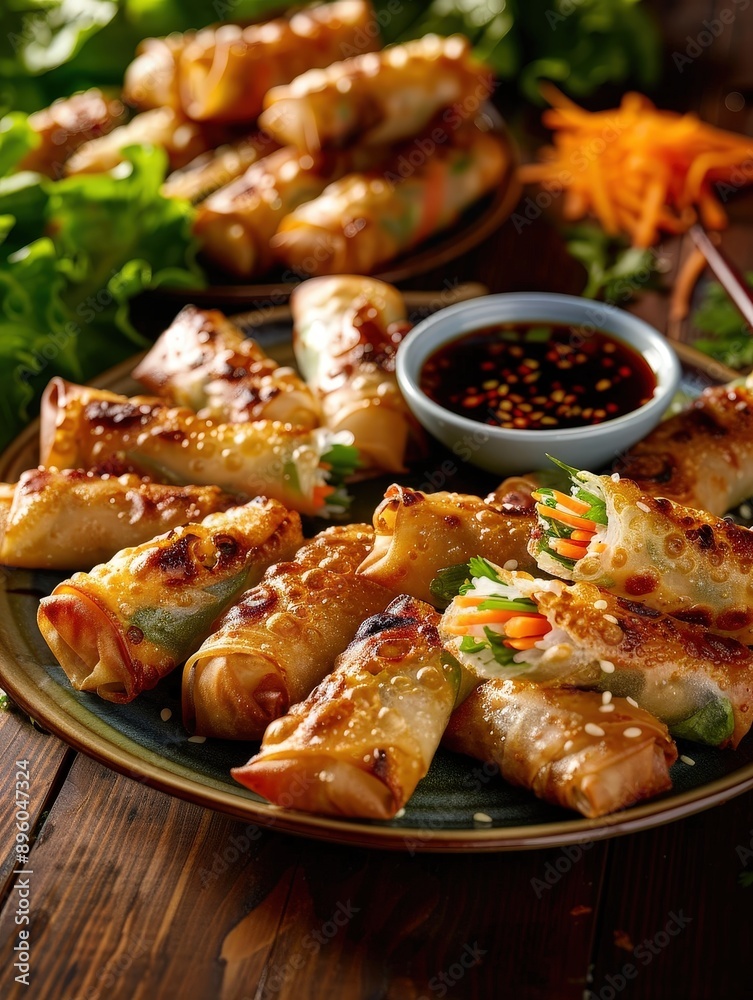 Delicious Chinese Spring Rolls with Sweet and Sour Sauce on Wooden Table | Vibrant Food Photography Delicious Chinese Spring Rolls with Sweet and Sour Sauce on Wooden Table | Vibrant Food Photography