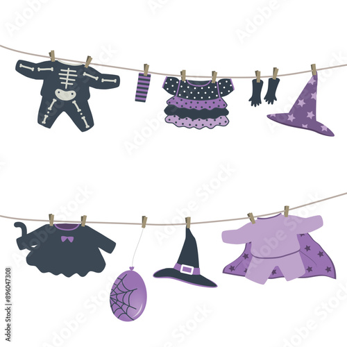 Halloween Costumes Hanging on Clotheslines. Set. Purple and Black Holidays Items. Witch, Skeleton, Wizard, Cat Girl Kids Costumes. Halloween Kids Costumes Isolated on White. Vector illustration