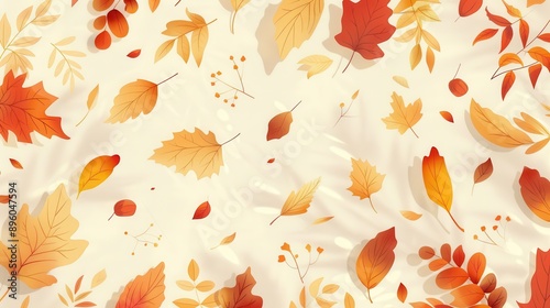 A minimalist vector illustration of autumn leaves, warm tones, and intricate details, scattered across a light cream background