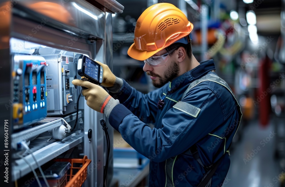 Technician using digital multimeter to check industrial equipment in a manufacturing facility Technician using digital multimeter to check industrial equipment in a manufacturing facility