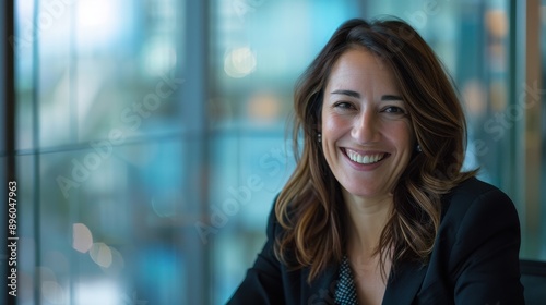 A photograph of a businesswoman smiling at a meeting, close-up