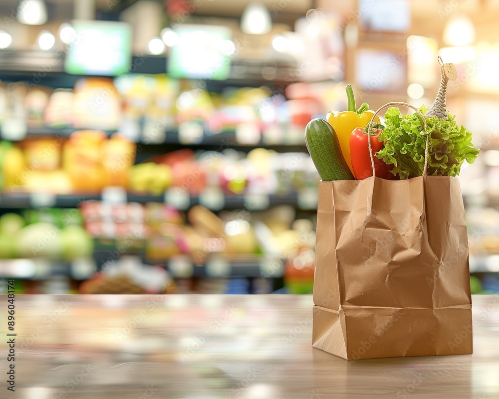 Professional wide angle shot of grocery bag on table with supermarket shelves in background Professional wide angle shot of grocery bag on table with supermarket shelves in background