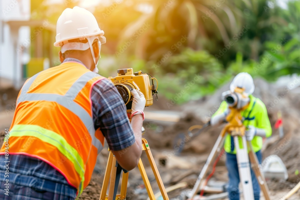 Engineer and surveyor utilizing theodolite transit equipment at construction site with ai assistance Engineer and surveyor utilizing theodolite transit equipment at construction site with ai assistance