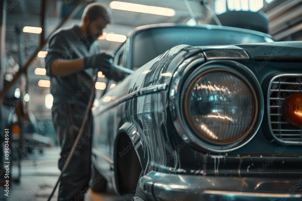 Professional car painter painting a new car in repair shop, auto body technician at work Professional car painter painting a new car in repair shop, auto body technician at work