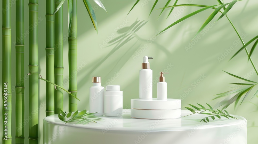 White podium with green bamboo background, featuring nature-inspired display for beauty and cosmetic products
