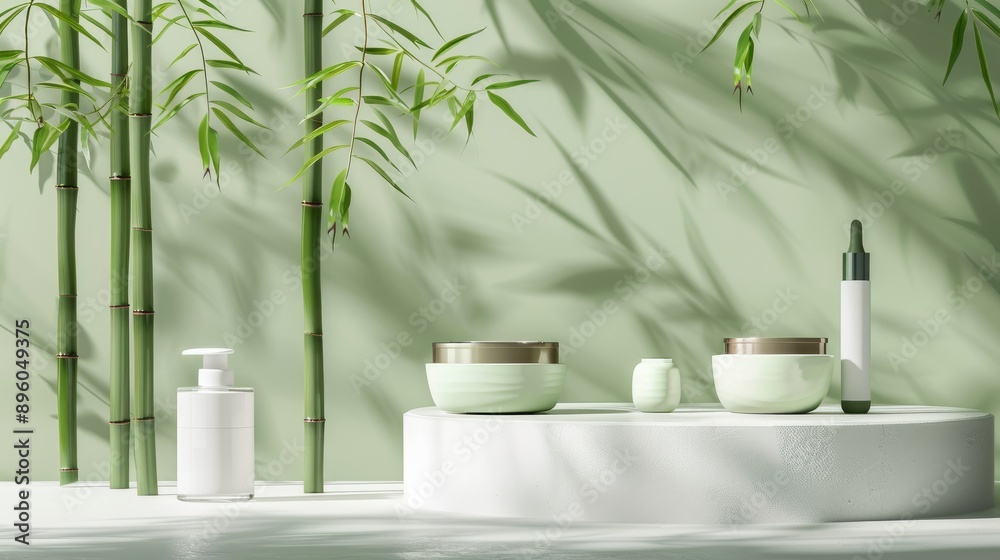 White podium with green bamboo background, featuring nature-inspired display for beauty and cosmetic products White podium with green bamboo background, featuring nature-inspired display for beauty and cosmetic products
