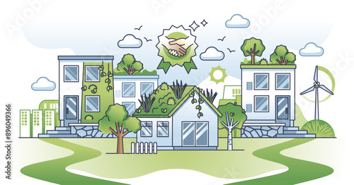 Energy conservation initiatives with green deal housing outline concept, transparent background. Nature friendly home building with sustainable alternative power production illustration.