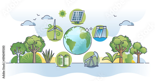 Energy sources collection with oil, solar wind or hydro power outline concept, transparent background. Various methods to get electricity from nature resources illustration. Green and renewable.