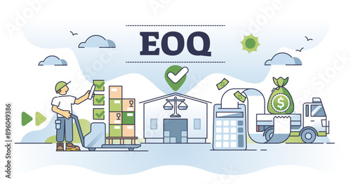 EOQ or economical order quantity for right budget balance outline concept, transparent background. Inventory holding and best price calculation formula for warehouse product supply illustration.