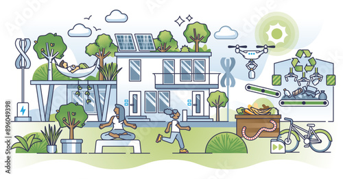 Green urban infrastructure and sustainable living community outline concept, transparent background. Environmental society with healthy residential area illustration.