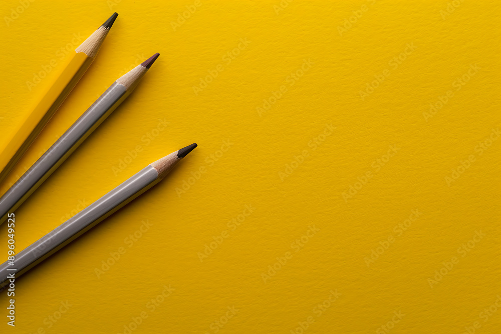 Photo of pencil on yellow background, flat lay with copy space. Web banner showing pencils on the side of the frame Photo of pencil on yellow background, flat lay with copy space. Web banner showing pencils on the side of the frame