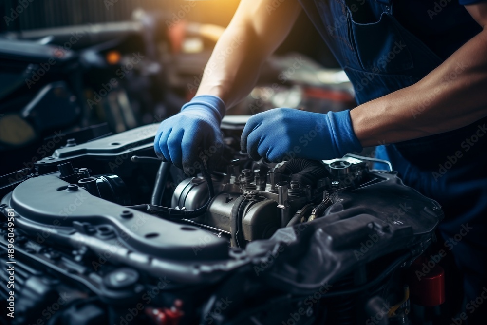 Professional mechanic working on the engine of a car in the garage car repair service concept of checking the vehicle’s readiness before use Professional mechanic working on the engine of a car in the garage car repair service concept of checking the vehicle’s readiness before use