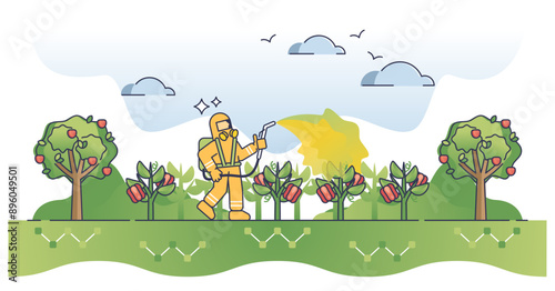 Pesticides, insecticides and herbicides for plant protection outline concept, transparent background. Toxic poison to kill insects illustration. Effective vegetables growth.