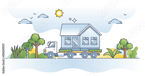 Prefabricated homes and house from assembled prefab panels outline concept, transparent background. Real estate model moving with truck illustration. Temporary modular cabin as simple.