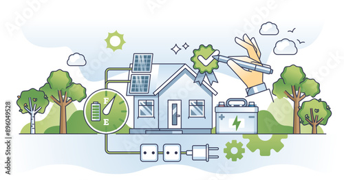 Solar energy home storage with charged green batteries outline concept, transparent background. Sustainable and environmental solution for off grid electricity consumption illustration.