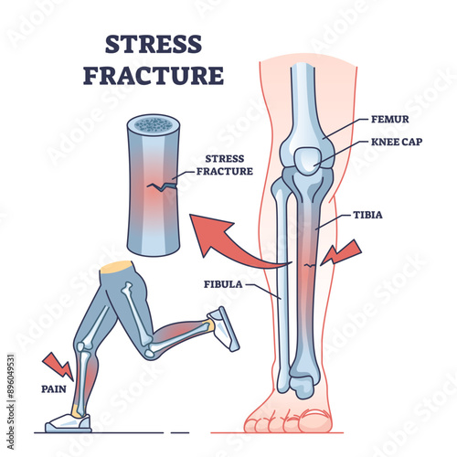 Stress fracture and skeletal bone injury after physical overuse outline diagram, transparent background. Labeled educational scheme.
