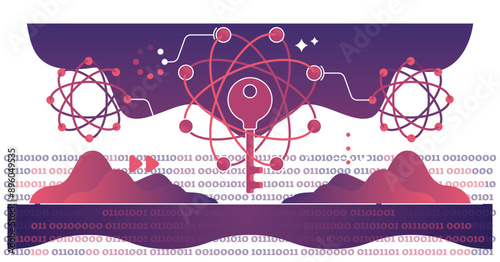 Quantum cryptography as encryption method using mechanics outline concept, transparent background. Data protection or file safety with safe digital lock illustration. Advanced quantum technology.
