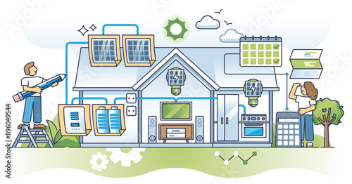Planning residential home solar electric system with sun panels installation outline concept, transparent background. Alternative and renewable power project for.
