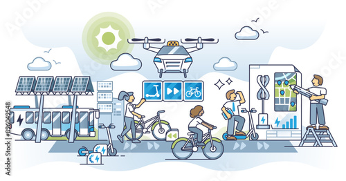 Sustainable commuting and green power public transport options outline concept, transparent background.