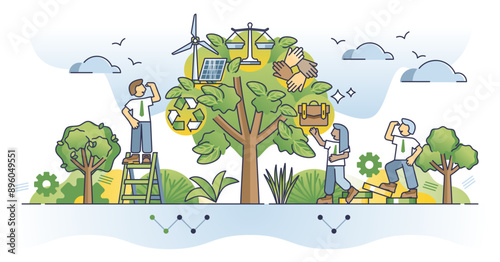 Sustainable investment and ESG environmental strategy outline concept, transparent background. Green and nature friendly energy for community welfare illustration. Alternative power sources funding.