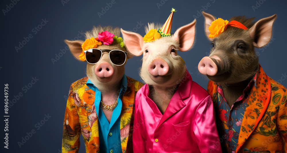 Obraz premium Creative animal concept. Group of boar pig in funky Wacky wild mismatch colourful outfits on bright background advertisement, copy space. birthday party invite invitation banner