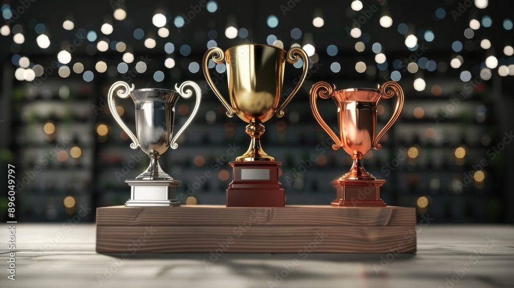 Winner's podium with gold, silver, and bronze trophies, perfect for award ceremony backgrounds and sport event displays