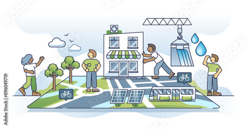 City planning and sustainable new housing district plan outline concept, transparent background. Modern urban neighborhood model with green infrastructure.