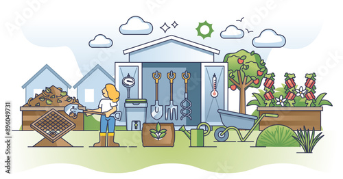 Composting tools and equipment for organic decompose process outline concept, transparent background.Sustainable gardening with old leaves collection for mulch or soil container illustration.