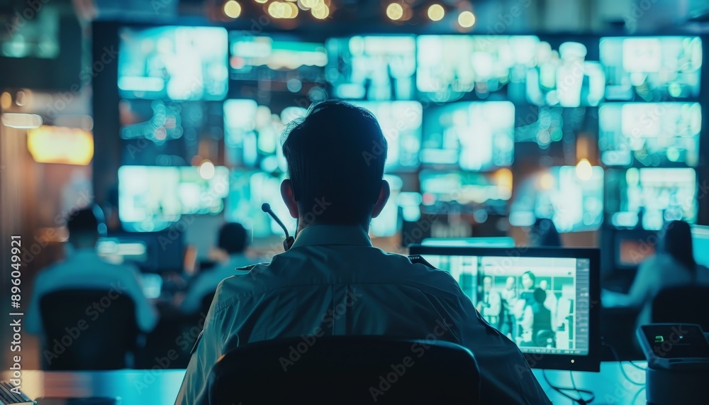 Security guards monitor video wall, police experts in office, officers in emergency call center Security guards monitor video wall, police experts in office, officers in emergency call center