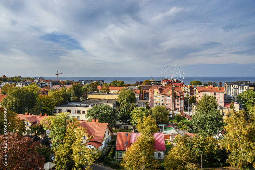 Aerial view city Zelenogradsk from observation deck of Water Tower. Russia