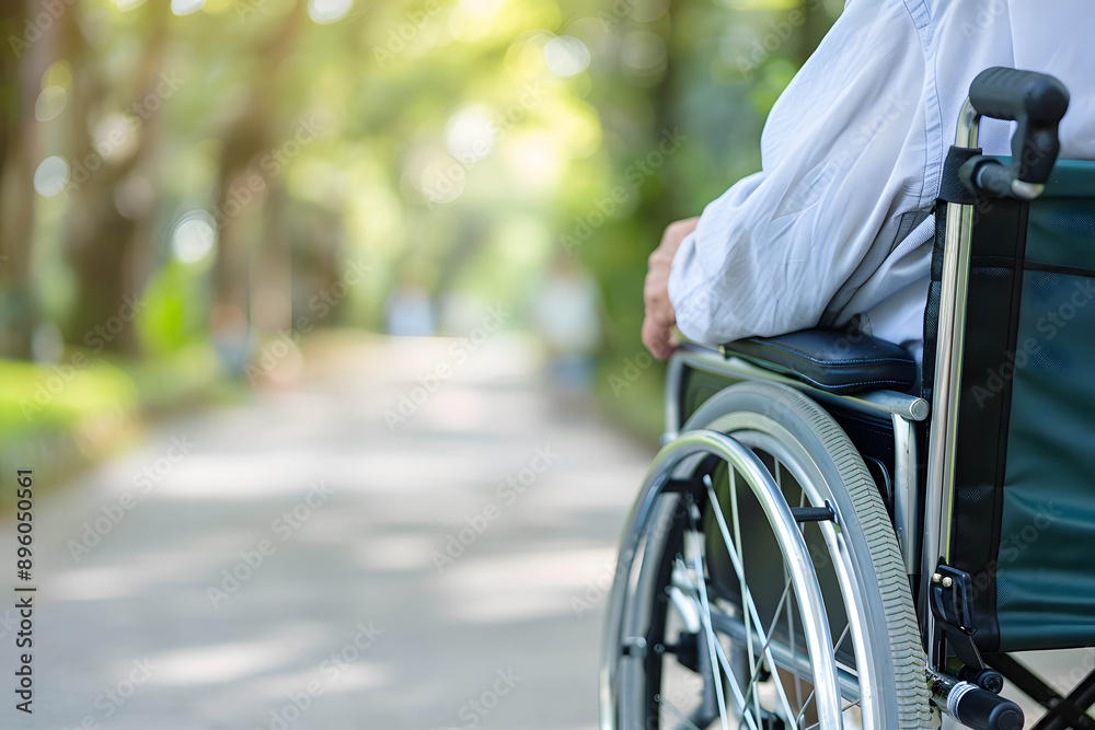 Elderly society or aging society, having a healthy body and happy retirement, close up a hand and wheelchair in which an elderly person is sitting Elderly society or aging society, having a healthy body and happy retirement, close up a hand and wheelchair in which an elderly person is sitting