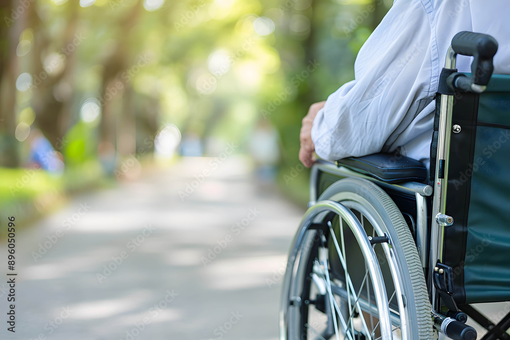 Elderly society or aging society, having a healthy body and happy retirement, close up a hand and wheelchair in which an elderly person is sitting Elderly society or aging society, having a healthy body and happy retirement, close up a hand and wheelchair in which an elderly person is sitting