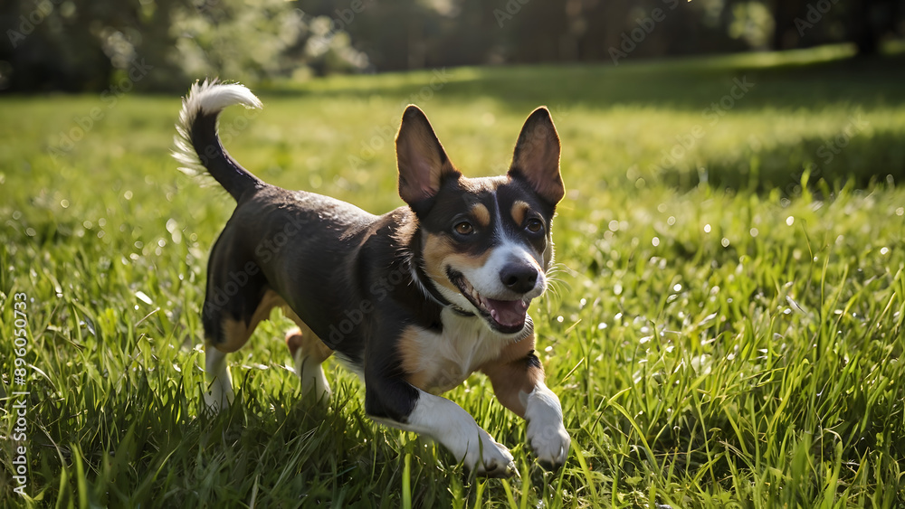 Happy white dog running through grass field Happy white dog running through grass field