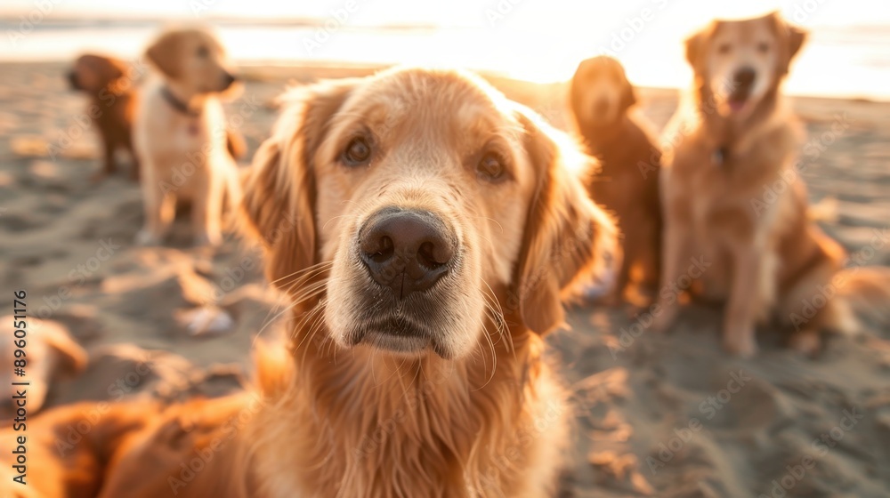 Obraz premium A close-up photograph of a group of Golden Retrievers looking directly at the camera, with playful and curious expressions