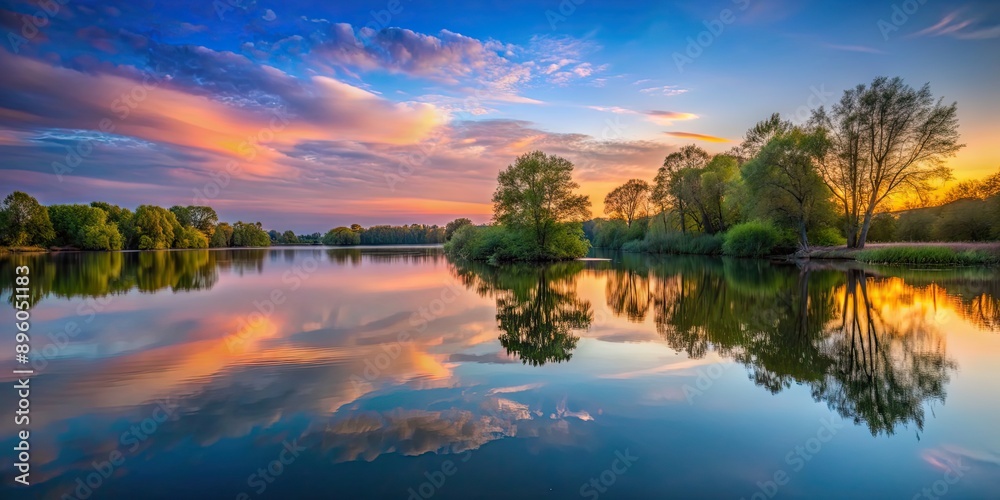 Tranquil lake reflecting the twilight sky and surrounding trees, twilight, reflections, serene, lake, water, peaceful, calm, nature Tranquil lake reflecting the twilight sky and surrounding trees, twilight, reflections, serene, lake, water, peaceful, calm, nature