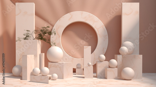 3D scene abstract geometry marble ball with beige background