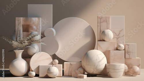 3D scene abstract geometry marble ball with beige background